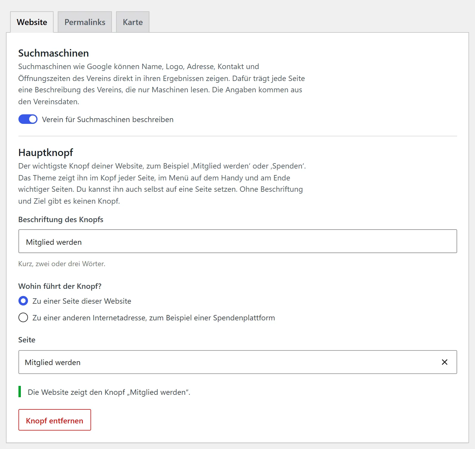 Der Reiter „Website“ der Seite „WP Club Elements“. Der Abschnitt „Suchmaschinen“ hat den eingeschalteten Schalter „Verein für Suchmaschinen beschreiben“. Darunter folgt der Abschnitt „Hauptknopf“ mit einem kurzen Erklärtext und dem Feld „Beschriftung des Knopfs“.
