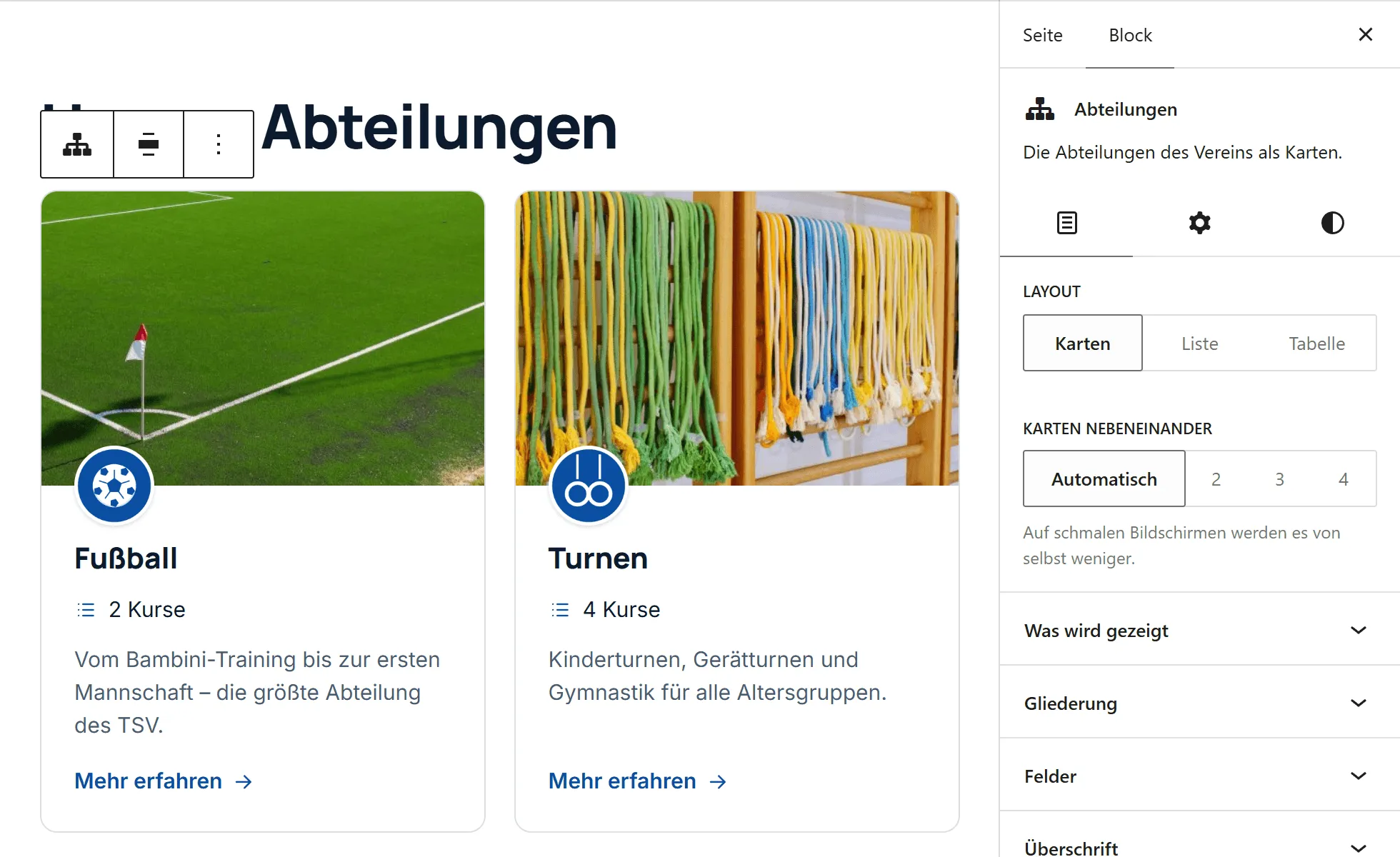 Der Editor einer neuen Seite. Oben steht der Titel „Unsere Abteilungen“, teilweise von der Werkzeugleiste des Blocks verdeckt. Darunter zeigt der Block „Abteilungen“ die Abteilungen des Vereins als Karten. In der Seitenleiste steht „Die Abteilungen des Vereins als Karten“ und die Auswahl „Karten“, „Liste“, „Tabelle“.