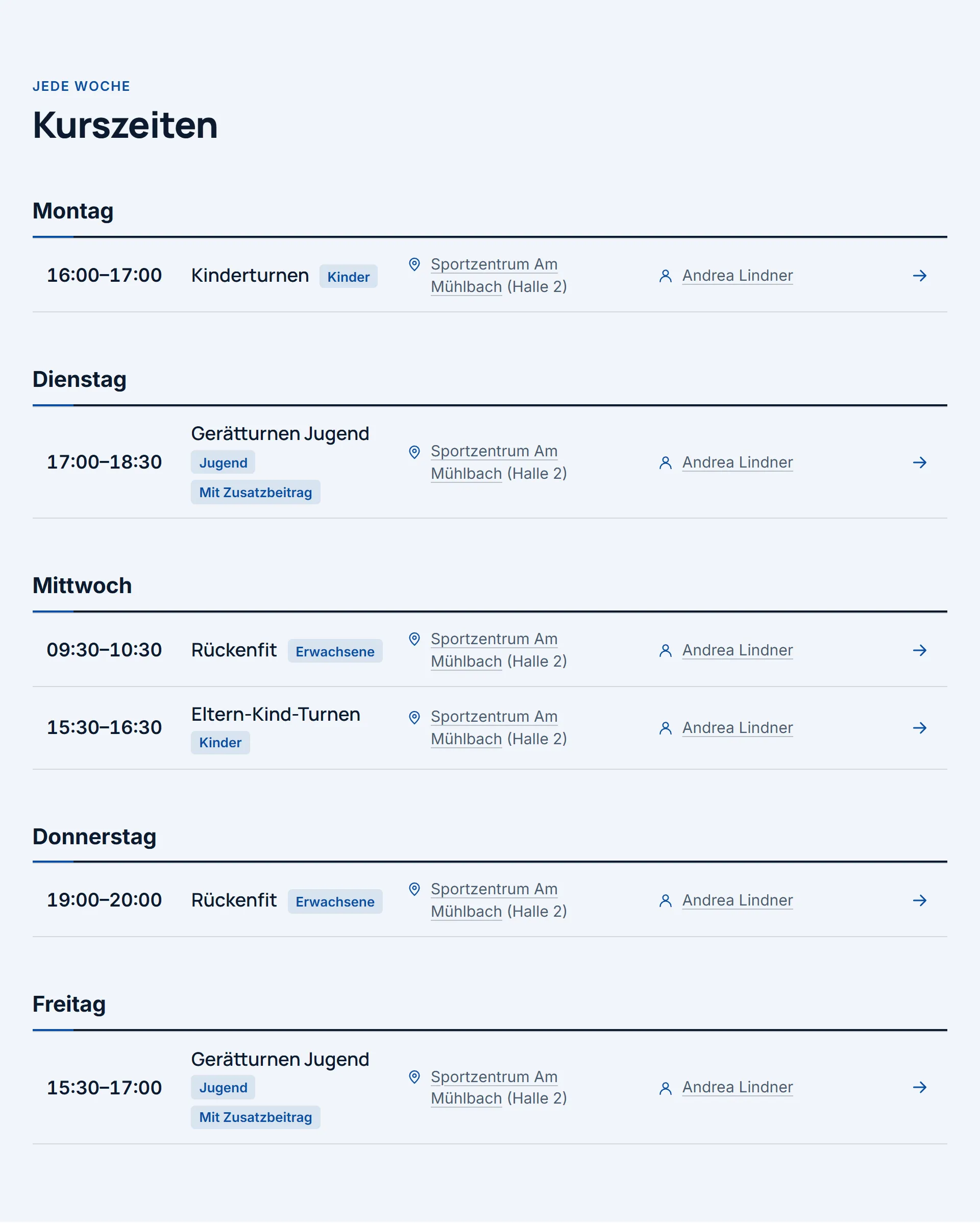 Auf der Seite der Abteilung „Turnen“ stehen unter „Kurszeiten“ alle Kurse der Abteilung nach Wochentag, jeweils mit Uhrzeit, Kursart, Ort und Trainerin.