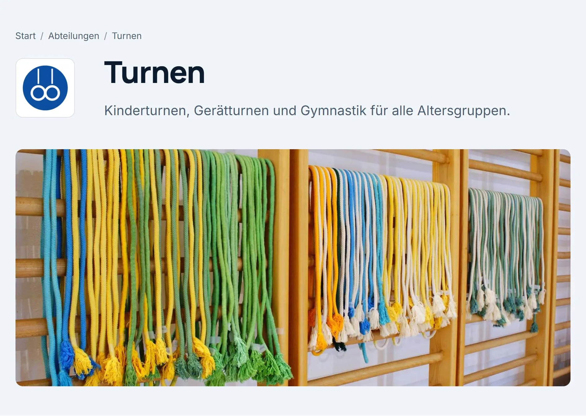 Der obere Teil der Seite der Abteilung „Turnen“ auf der Website: das Logo, der Titel, der Kurztext und darunter ein großes Bild.