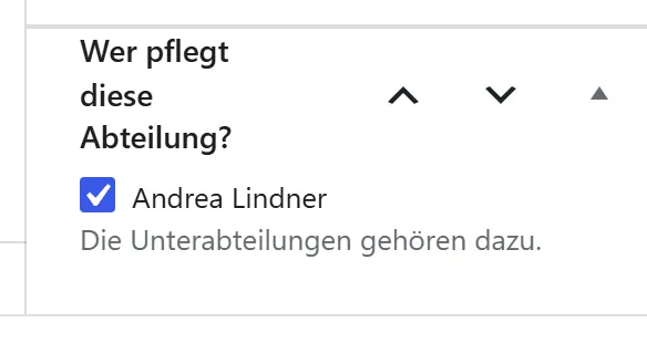 Der Kasten „Wer pflegt diese Abteilung?“ in der Seitenleiste der Abteilung „Turnen“. Er listet „Andrea Lindner“ mit Häkchen und den Hilfetext „Die Unterabteilungen gehören dazu.“