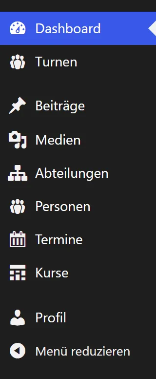 Das Menü links im Backend einer Abteilungsleitung. Nach „Dashboard“ steht „Turnen“, die Abteilung, die sie pflegt. Darunter folgen „Beiträge“, „Medien“, „Abteilungen“, „Personen“, „Termine“, „Kurse“ und „Profil“. Vereinsdaten, Seiten, Design, Plugins, Benutzer und Werkzeuge fehlen.