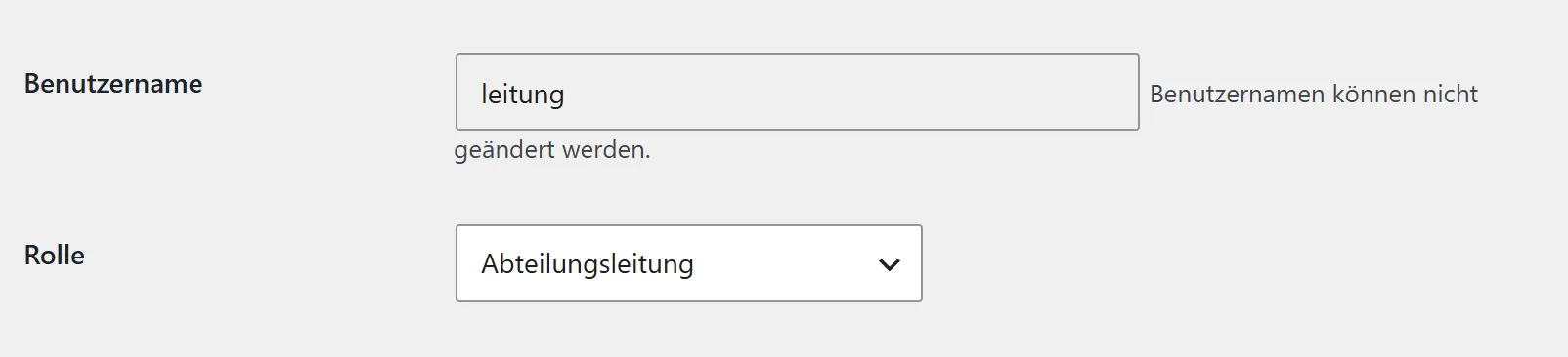 Das Profil des Benutzers „leitung“. Unter „Name“ steht in der Zeile „Rolle“ das Auswahlfeld mit dem Eintrag „Abteilungsleitung“.