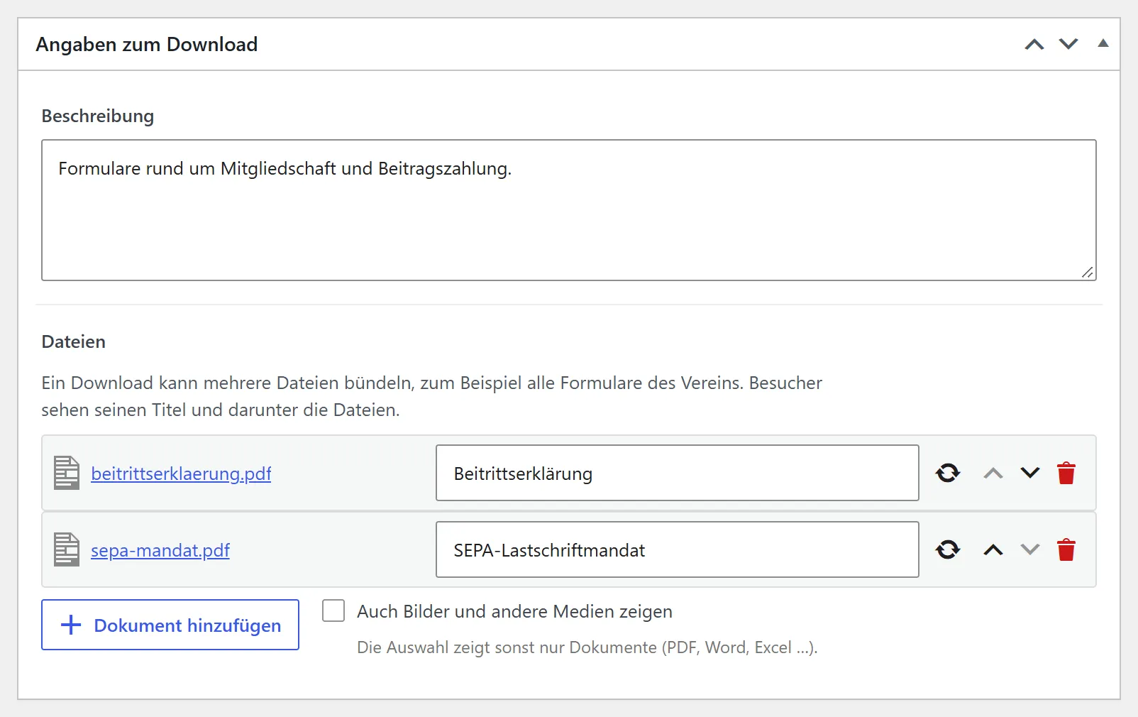 Der Kasten „Angaben zum Download“ des Eintrags „Formulare & Anträge“: ein Textfeld „Beschreibung“ und die „Dateien“ beitrittserklaerung.pdf und sepa-mandat.pdf, jede mit einer Bezeichnung, Knöpfen zum Ersetzen und Verschieben und dem Mülleimer. Darunter der Knopf „Dokument hinzufügen“.