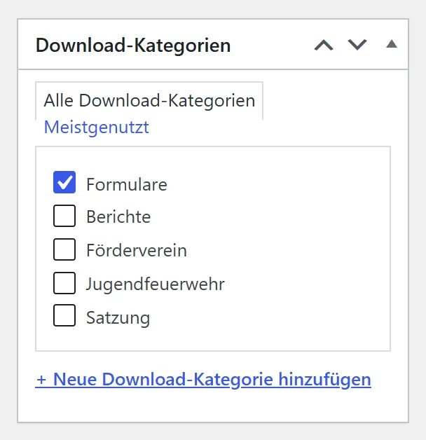 Rechts neben dem Formular: der Kasten „Download-Kategorien“ mit Formulare, Berichte und Satzung zum Ankreuzen.