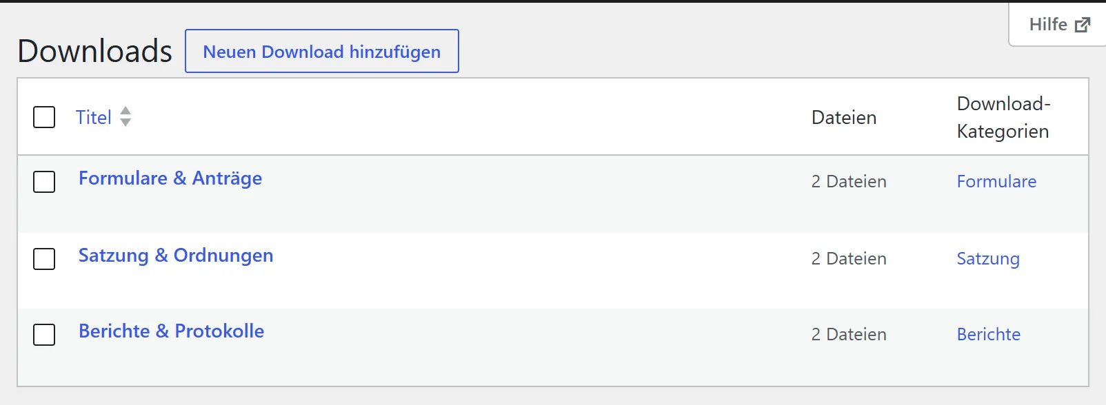 Die Liste „Downloads“ mit drei Einträgen: Formulare & Anträge, Satzung & Ordnungen und Berichte & Protokolle.