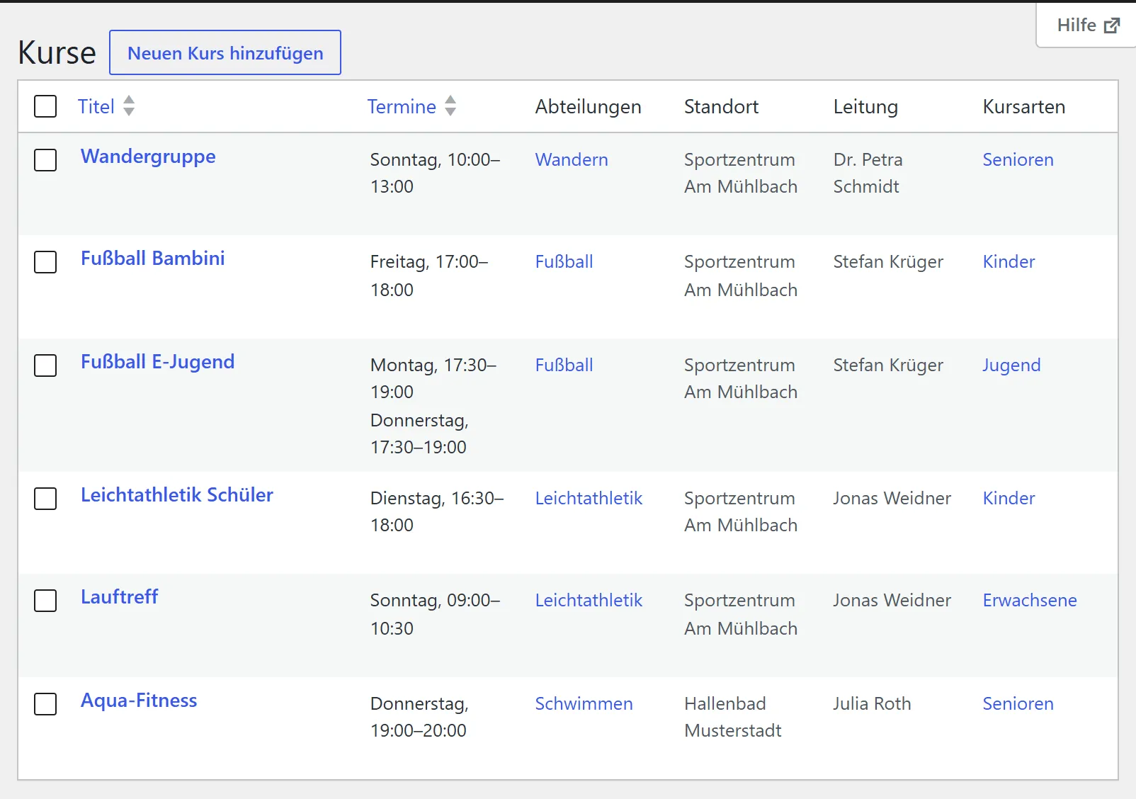 Die Liste „Kurse“ mit den Kursen des Vereins. Hinter dem Titel steht die Spalte „Termine“ mit Wochentag und Uhrzeit.