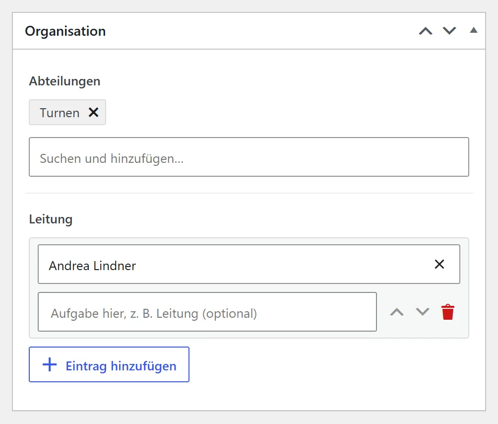 Der Kasten „Organisation“: Bei „Abteilungen“ steht „Turnen“ mit einem Kreuz zum Entfernen und darunter ein Suchfeld. Bei „Leitung“ steht Andrea Lindner, daneben ein Feld für die Aufgabe.