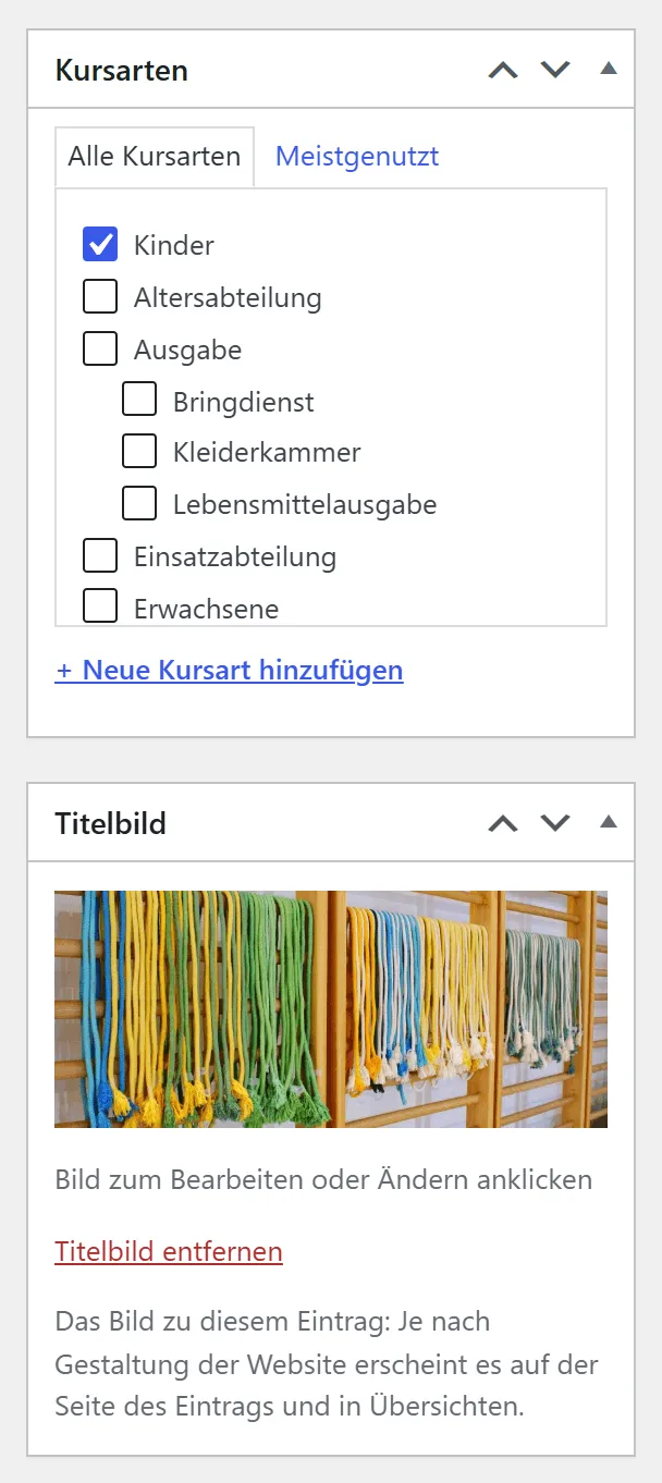 Rechts neben dem Formular eines Kurses: der Kasten „Kursarten“ mit angekreuzter Kursart „Kinder“ und der Kasten „Titelbild“ mit einem Bild.
