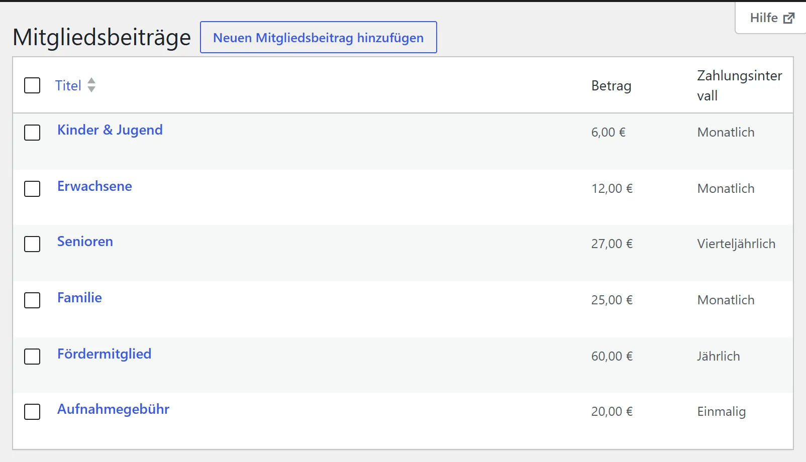 Die Liste „Mitgliedsbeiträge“ mit sechs Einträgen: Kinder & Jugend, Erwachsene, Senioren, Familie, Fördermitglied und Aufnahmegebühr.