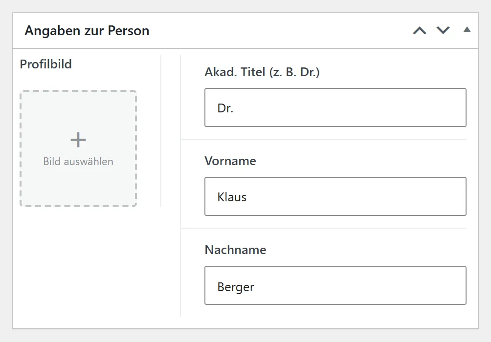 Der Kasten „Angaben zur Person“ einer Person: links das „Profilbild“, rechts die Felder „Akad. Titel (z. B. Dr.)“, „Vorname“ und „Nachname“.
