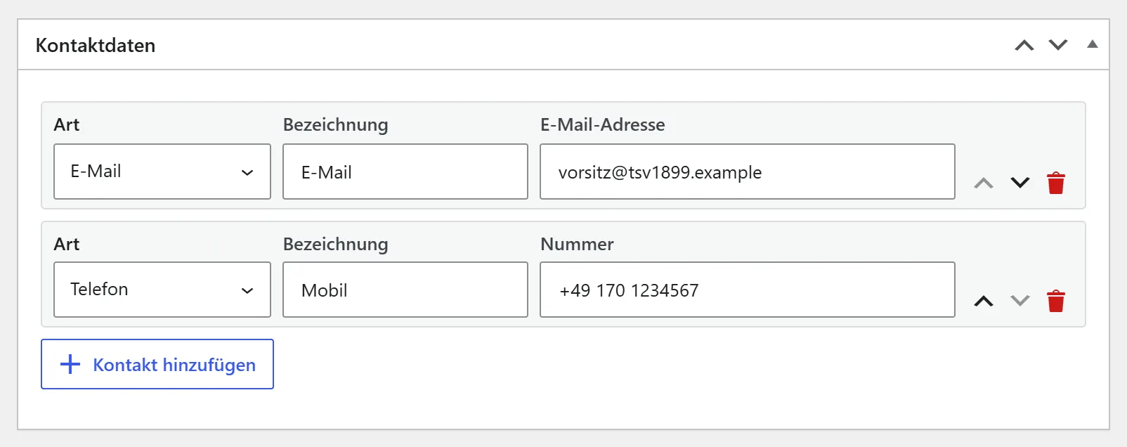 Der Kasten „Kontaktdaten“ mit zwei Zeilen: eine E-Mail-Adresse und eine Telefonnummer. Jede Zeile hat eine Auswahl „Art“, ein Feld „Bezeichnung“ und ein Feld für den Wert, hier „E-Mail-Adresse“ und „Nummer“. Darunter der Knopf „Kontakt hinzufügen“.