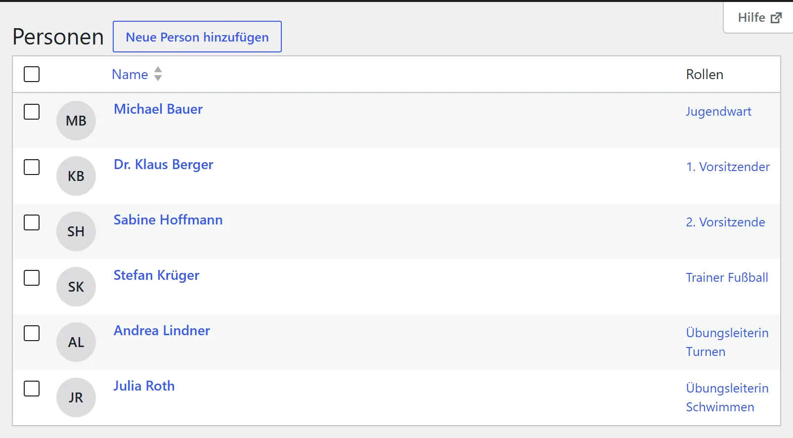 Die Liste „Personen“ mit zehn Personen. Jede Zeile zeigt ein Foto oder die Initialen, den Namen und die Rollen, zum Beispiel „1. Vorsitzender“ oder „Trainer Fußball“.