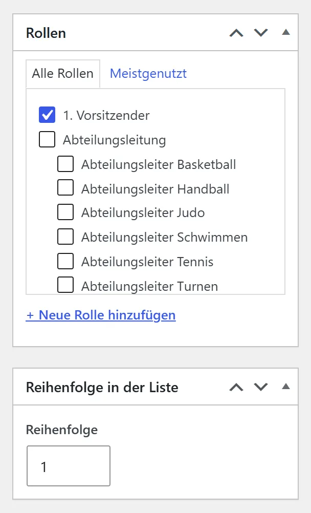 Rechts neben dem Formular einer Person: der Kasten „Rollen“ mit Rollen zum Ankreuzen und der Kasten „Reihenfolge in der Liste“ mit einer Zahl.