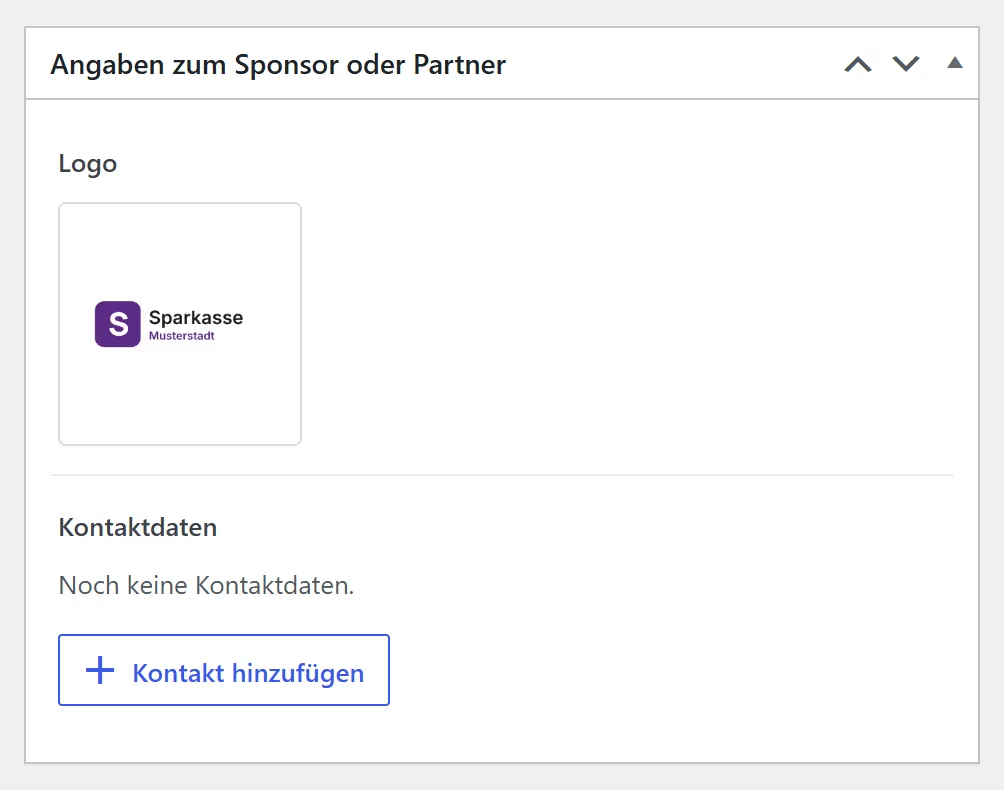 Der Kasten „Angaben zum Sponsor oder Partner“ mit dem „Logo“ und den „Kontaktdaten“. Bei diesem Eintrag steht dort „Noch keine Kontaktdaten“ und der Knopf „Kontakt hinzufügen“.