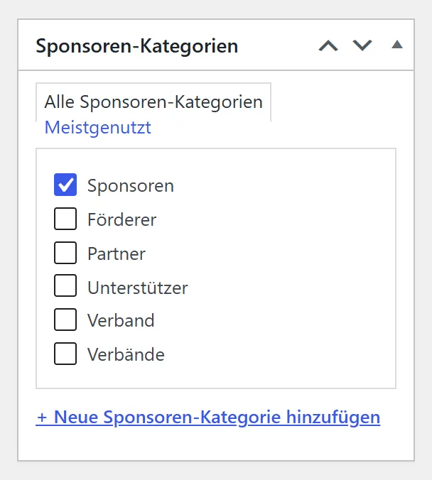 Rechts neben dem Formular: der Kasten „Sponsoren-Kategorien“ mit den Kategorien Sponsoren, Partner, Unterstützer und Verband zum Ankreuzen.