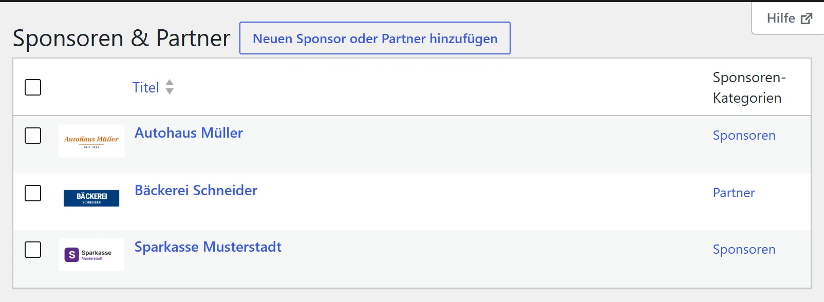 Die Liste „Sponsoren & Partner“ mit drei Einträgen: Sparkasse Musterstadt, Autohaus Müller und Bäckerei Schneider.