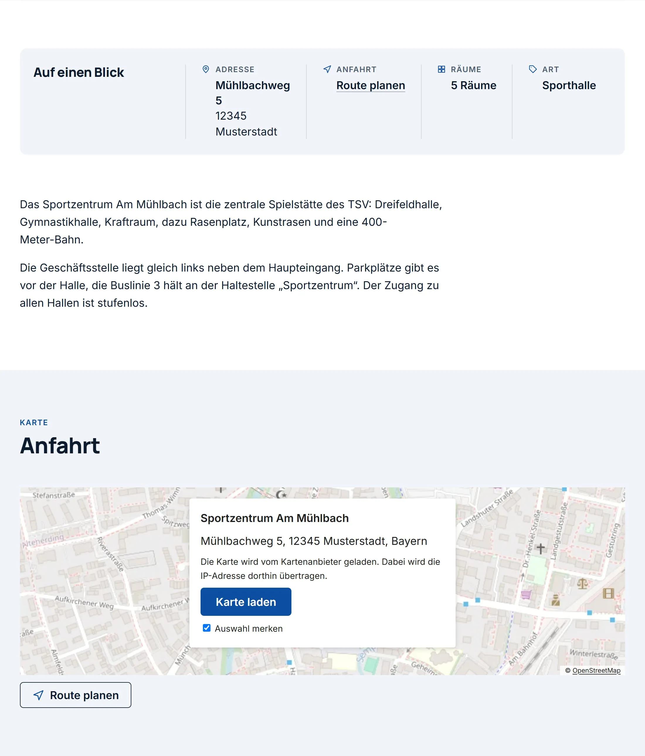 Weiter unten auf der Seite des Standorts: „Auf einen Blick“ mit Adresse, „Anfahrt“ mit einer Karte, die erst nach einem Klick auf „Karte laden“ erscheint, und die Räume.