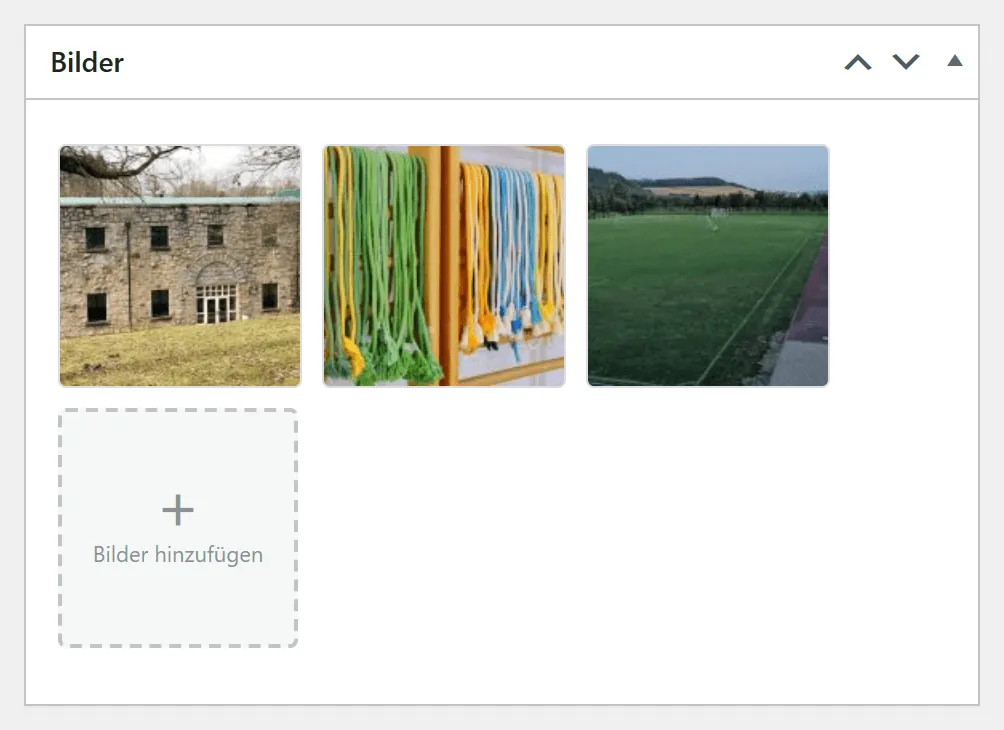 Der Kasten „Bilder“ mit drei Fotos des Standorts und einem leeren Feld „Bilder hinzufügen“.