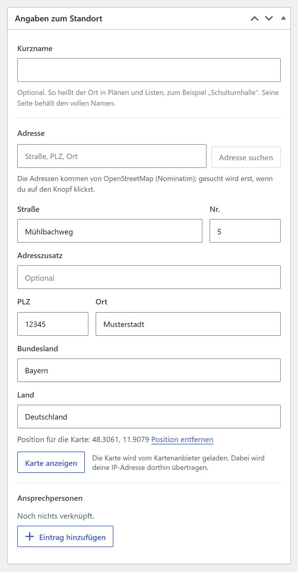 Der Kasten „Angaben zum Standort“ mit dem Feld „Kurzname“, der Adresssuche („Adresse suchen“), den Feldern Straße, Nr., PLZ, Ort, Bundesland und Land, der Angabe „Position für die Karte“ und dem Knopf „Karte anzeigen“.
