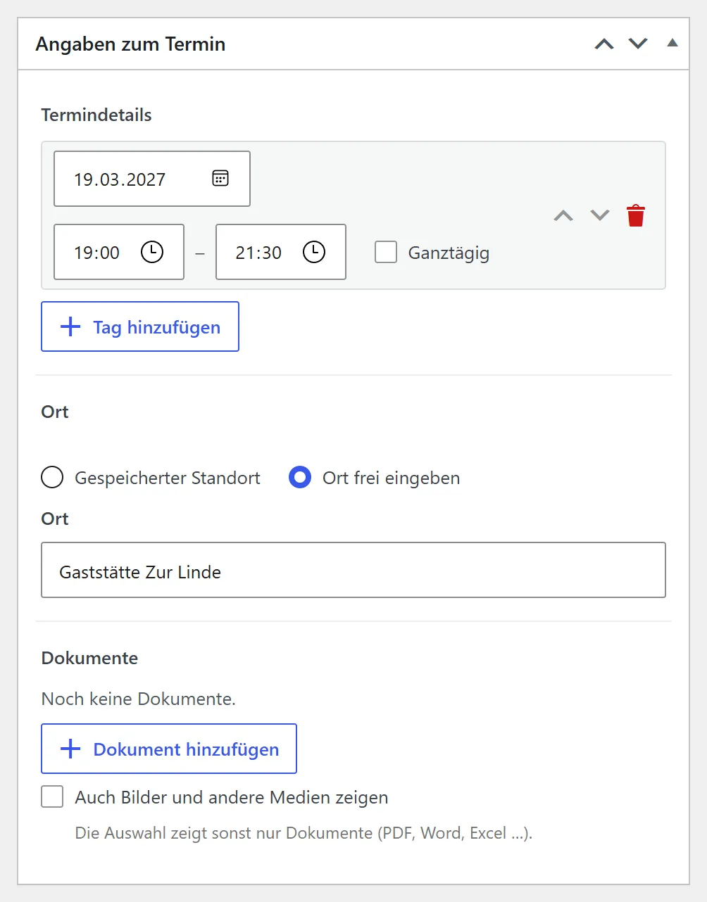 Der Kasten „Angaben zum Termin“ der Jahreshauptversammlung. Bei „Termindetails“ steht ein Tag mit Datum 19.03.2027, Uhrzeit von 19:00 bis 21:30 und dem Kästchen „Ganztägig“. Darunter „Ort“ mit der Wahl „Ort frei eingeben“, dann „Dokumente“.
