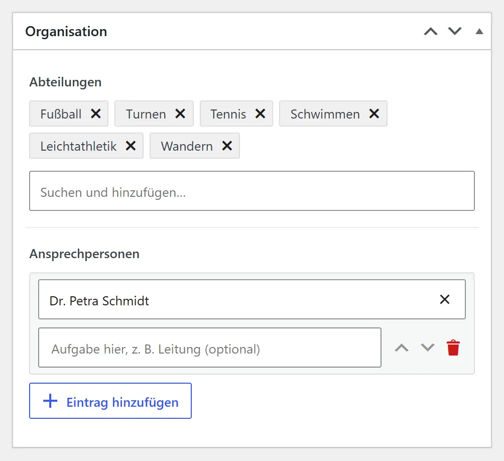 Der Kasten „Organisation“ eines Termins: Bei „Abteilungen“ stehen die zuständigen Abteilungen als Kästchen mit Kreuz, darunter ein Suchfeld. Bei „Ansprechpersonen“ steht Dr. Petra Schmidt mit einem Feld für die Aufgabe.