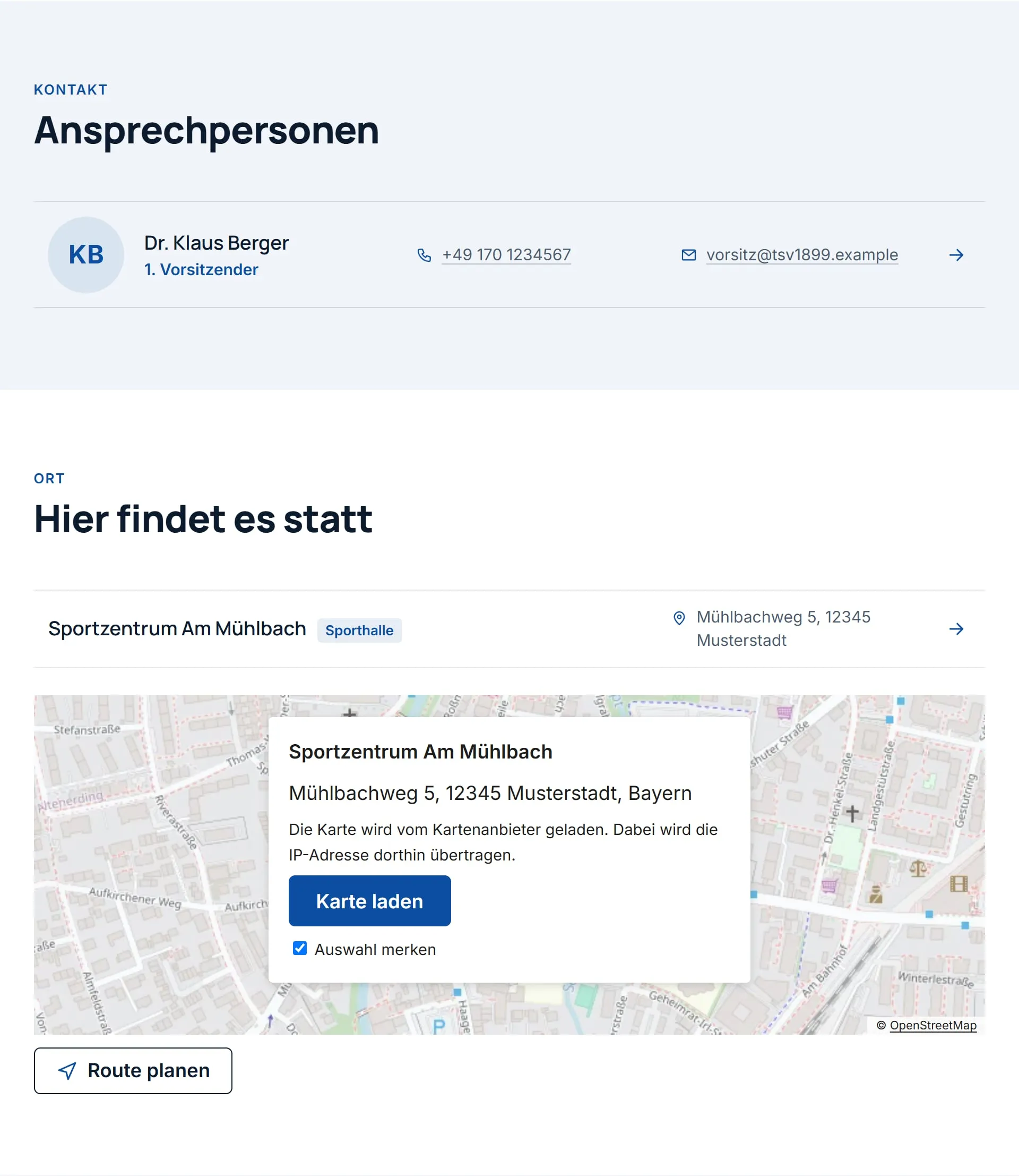 Weiter unten auf der Seite des Termins: „Ansprechpersonen“ mit Dr. Klaus Berger und „Hier findet es statt“ mit dem Standort, seiner Adresse und der Karte.