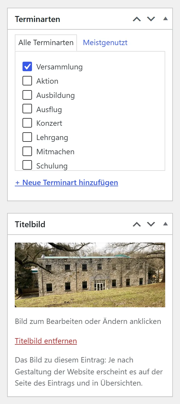 Rechts neben dem Formular eines Termins: der Kasten „Terminarten“ mit angekreuzter Art „Versammlung“ und der Kasten „Titelbild“.