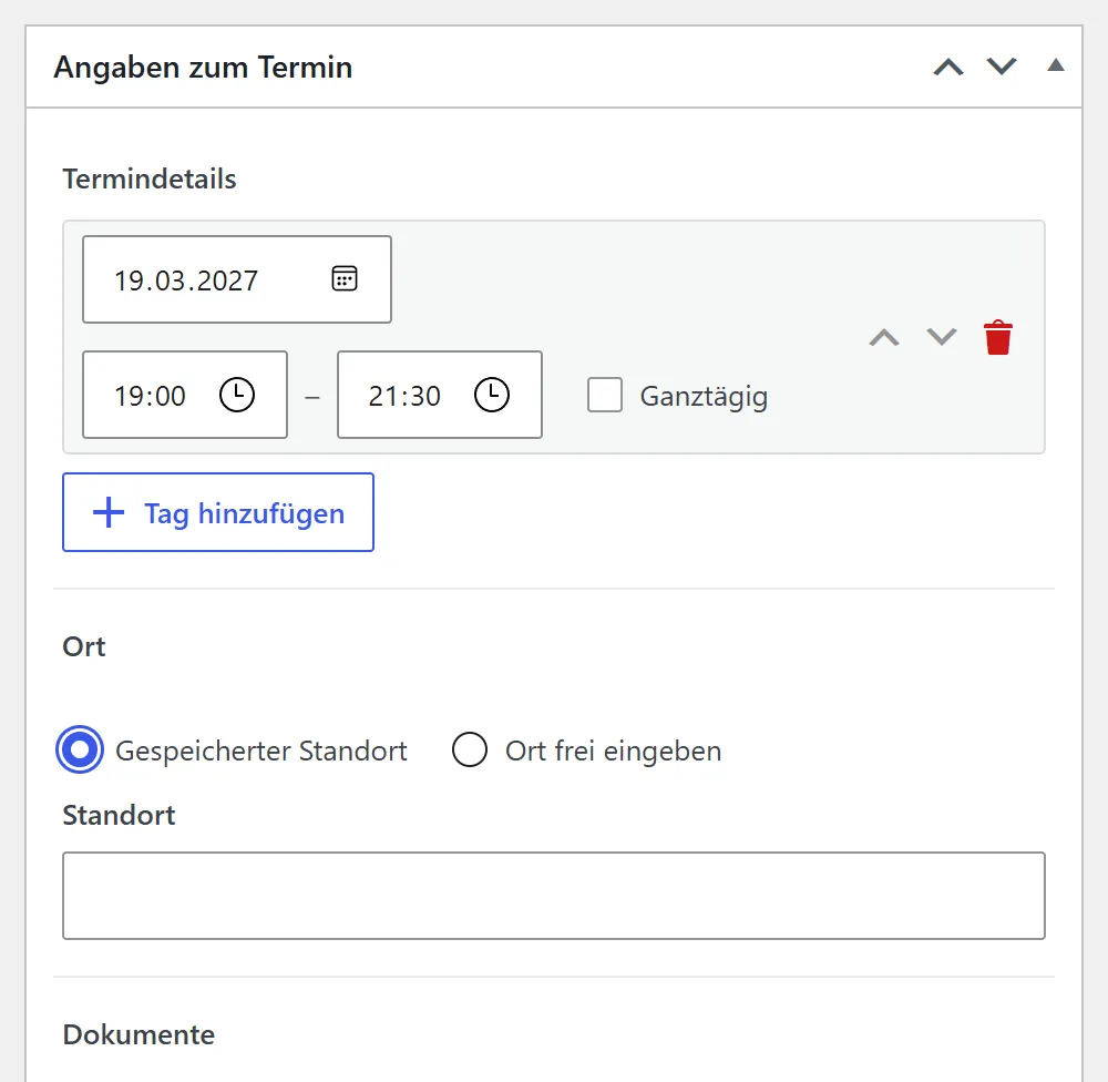 Die Wahl beim Ort: „Gespeicherter Standort“ ist angewählt, und darunter erscheint ein Suchfeld, in dem man einen Standort aus der Liste wählt.