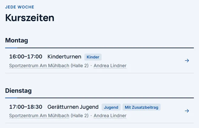 Der Abschnitt „Kurszeiten“ auf der Seite der Abteilung „Turnen“. Unter „Montag“ steht „16:00–17:00 Kinderturnen“ mit Ort und Trainerin, darunter folgt der Dienstag mit „Gerätturnen Jugend“.
