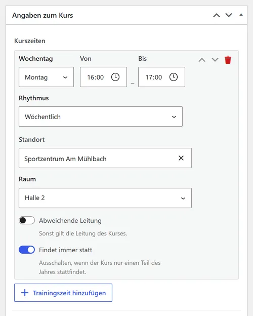 Der Kasten „Angaben zum Kurs“ des Kurses „Kinderturnen“ im Backend. Unter „Kurszeiten“ stehen Wochentag „Montag“, die Uhrzeit von 16:00 bis 17:00, der Rhythmus „Wöchentlich“, der Standort „Sportzentrum Am Mühlbach“ und der Raum „Halle 2“.