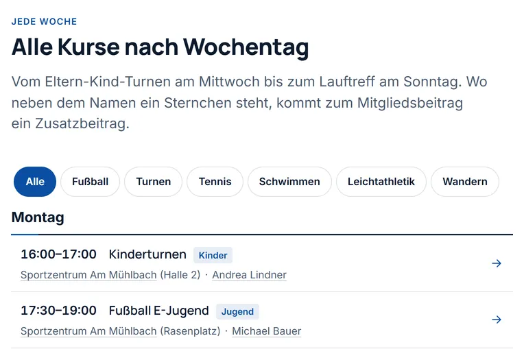 Der Wochenplan „Alle Kurse nach Wochentag“ auf der Seite „Kurse“ des Demovereins, darüber Knöpfe zum Filtern nach Abteilung. Unter „Montag“ stehen „16:00–17:00 Kinderturnen“ im Sportzentrum Am Mühlbach, Halle 2, mit Andrea Lindner und „17:30–19:00 Fußball E-Jugend“ auf dem Rasenplatz mit Michael Bauer.