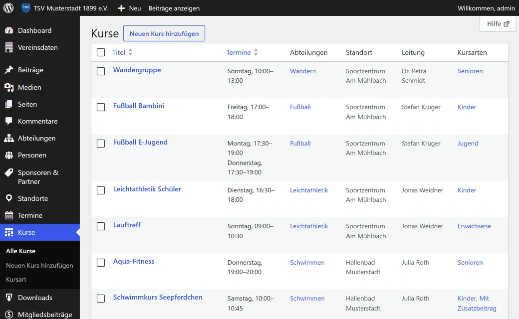 Das Backend von WordPress mit der Liste „Kurse“ des Demovereins. Im Menü links stehen „Vereinsdaten“, „Abteilungen“, „Personen“, „Sponsoren & Partner“, „Standorte“, „Termine“, „Kurse“, „Downloads“ und „Mitgliedsbeiträge“. Die Liste zeigt je Kurs den Titel und die Trainingszeiten.