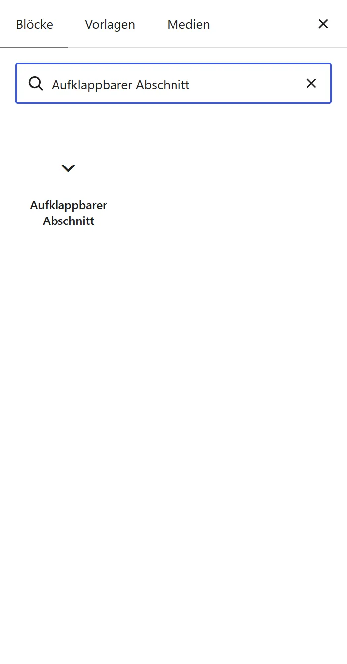 Der Block-Einfüger mit dem Suchwort „Aufklappbarer Abschnitt“. Das Ergebnis ist der Block „Aufklappbarer Abschnitt“ in der Gruppe „Vereinsinhalte“.