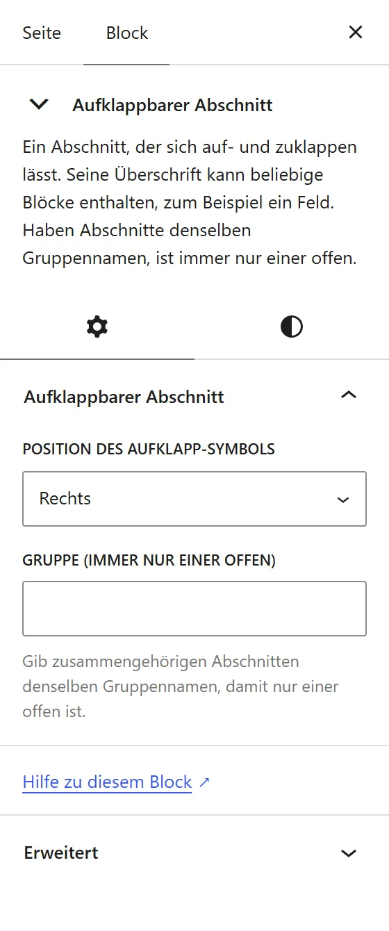 Die Seitenleiste des Blocks „Aufklappbarer Abschnitt“ mit „Position des Aufklapp-Symbols“ (Rechts oder Links) und dem Feld „Gruppe (immer nur einer offen)“.