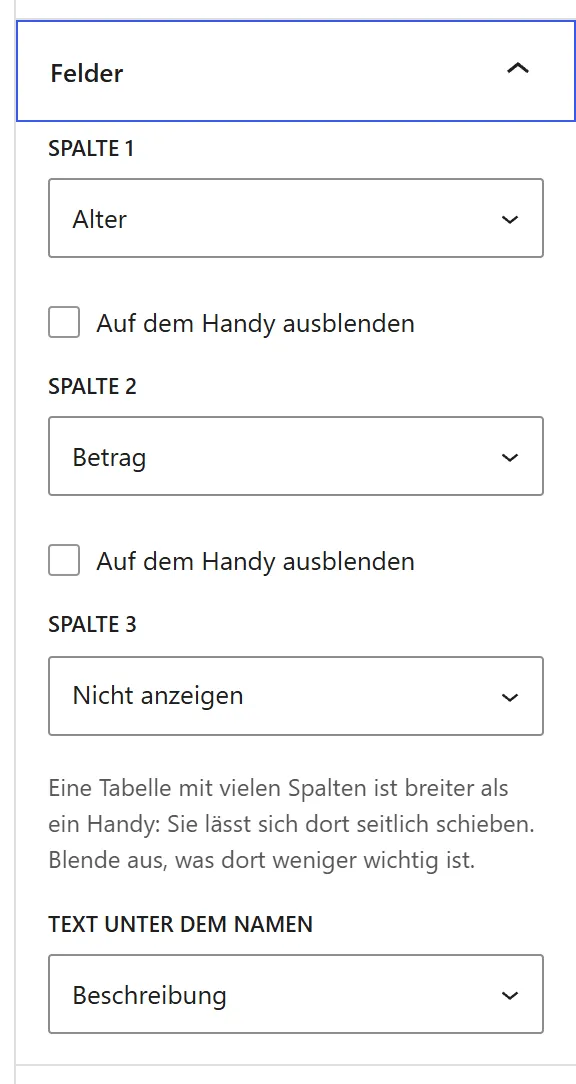 Der Bereich „Felder“ des Blocks „Mitgliedsbeiträge“ mit „Spalte 1“ (Alter), „Spalte 2“ (Betrag), „Spalte 3“ und „Text unter dem Namen“.