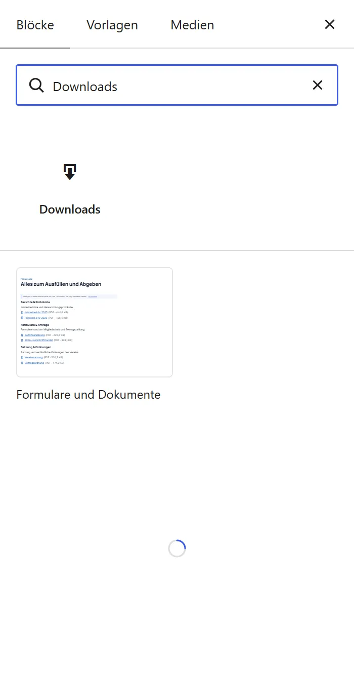 Der Block-Einfüger mit dem Suchwort „Downloads“. Das Ergebnis ist der Block „Downloads“ in der Gruppe „Vereinsinhalte“.