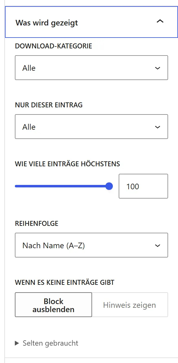 Der Bereich „Was wird gezeigt“ des Blocks „Downloads“ mit „Download-Kategorie“, „Nur dieser Eintrag“, der Anzahl, der Reihenfolge und „Wenn es keine Einträge gibt“.