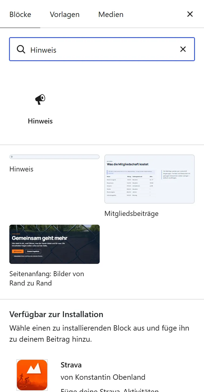 Der Block-Einfüger mit dem Suchwort „Hinweis“. Das Ergebnis ist der Block „Hinweis“ in der Gruppe „Vereinsinhalte“.