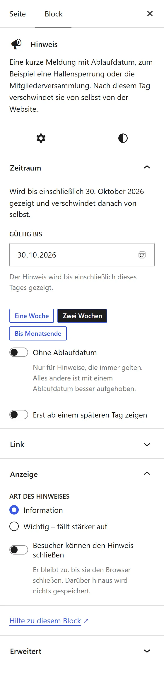 Die Seitenleiste des Blocks „Hinweis“ mit den Bereichen „Zeitraum“ (Gültig bis, Eine Woche, Zwei Wochen, Bis Monatsende, Ohne Ablaufdatum, Erst ab einem späteren Tag zeigen), „Link“ und „Anzeige“.