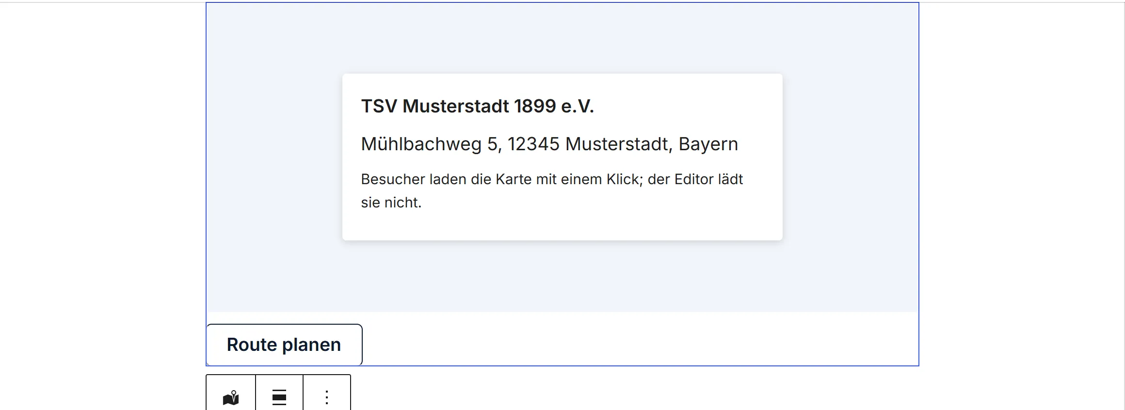Der Block „Karte“ im Editor: eine graue Fläche mit der Anschrift des Vereins und dem Hinweis, dass die Karte erst auf der Website lädt.