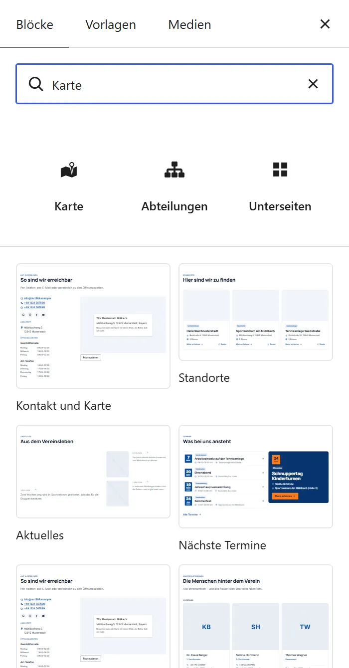 Der Block-Einfüger mit dem Suchwort „Karte“. Das Ergebnis ist der Block „Karte“.