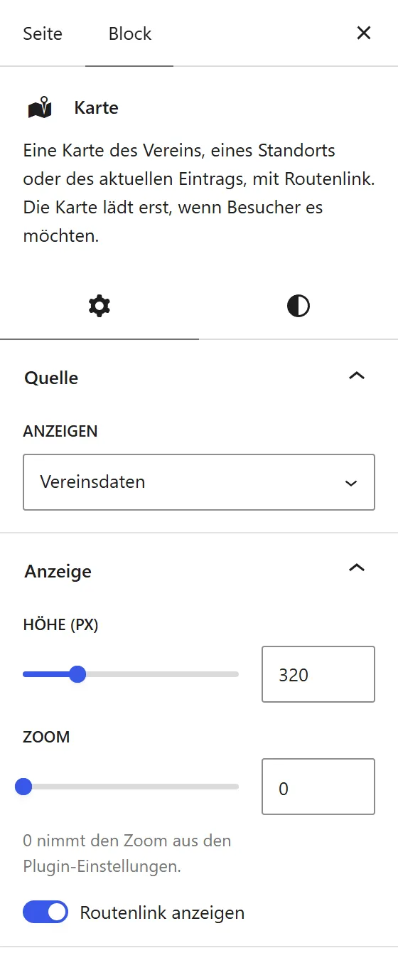 Die Seitenleiste des Blocks „Karte“. Unter „Quelle“ ist bei „Anzeigen“ „Vereinsdaten“ gewählt. Unter „Anzeige“ stehen „Höhe (px)“, „Zoom“ und der Schalter „Routenlink anzeigen“.
