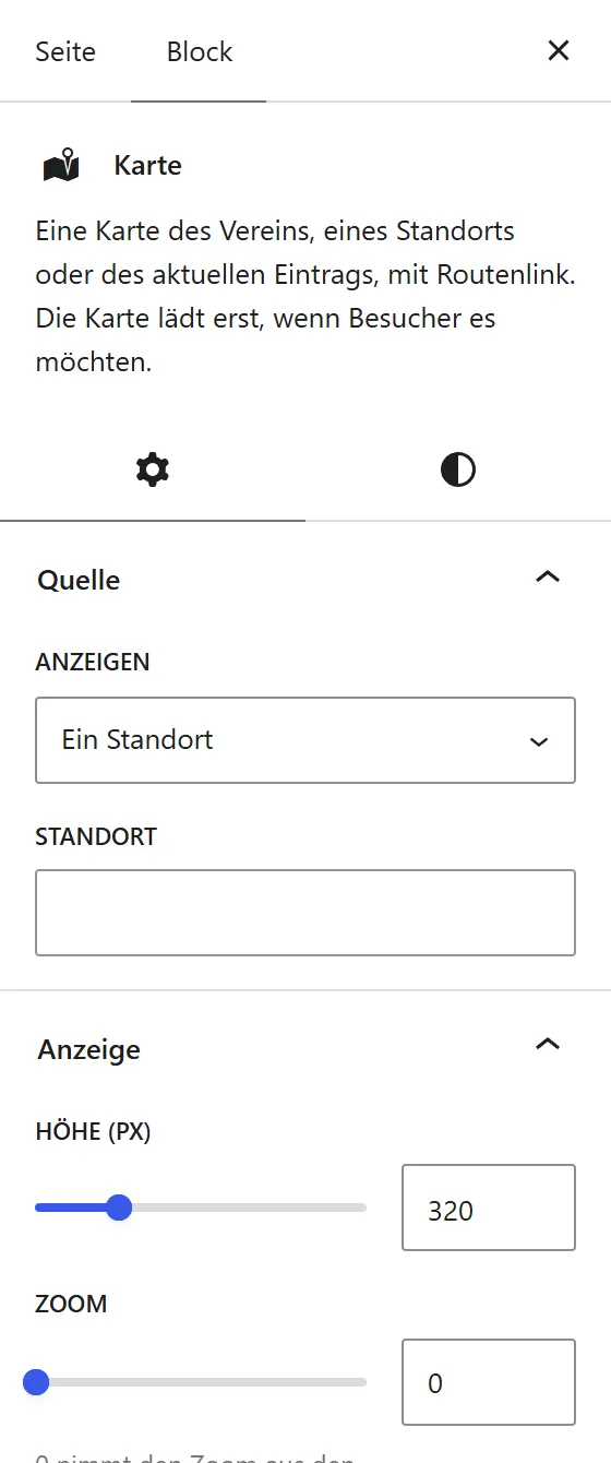 Die Seitenleiste des Blocks „Karte“ mit „Ein Standort“ bei „Anzeigen“. Darunter erscheint die Auswahl „Standort“.