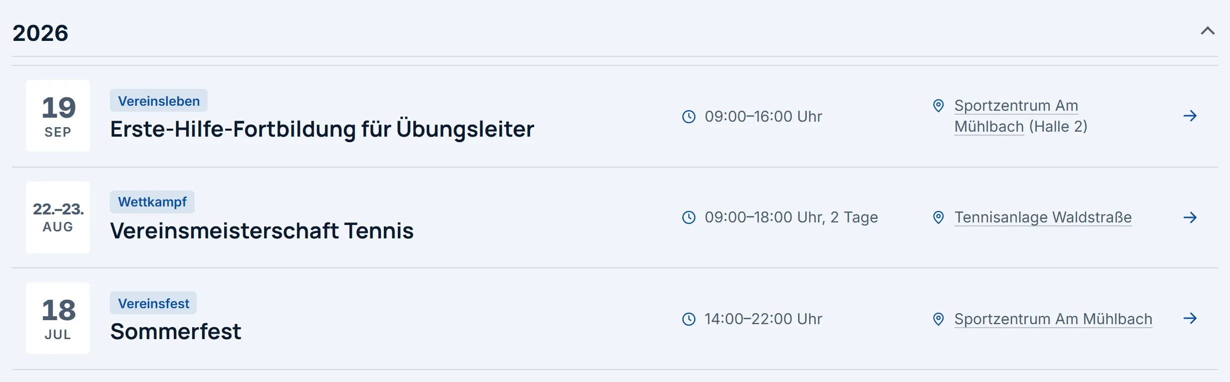 Die vergangenen Termine auf der Seite „Termine“, nach Jahr gegliedert. Jedes Jahr ist eine zugeklappte Gruppe, die sich mit einem Klick öffnet.