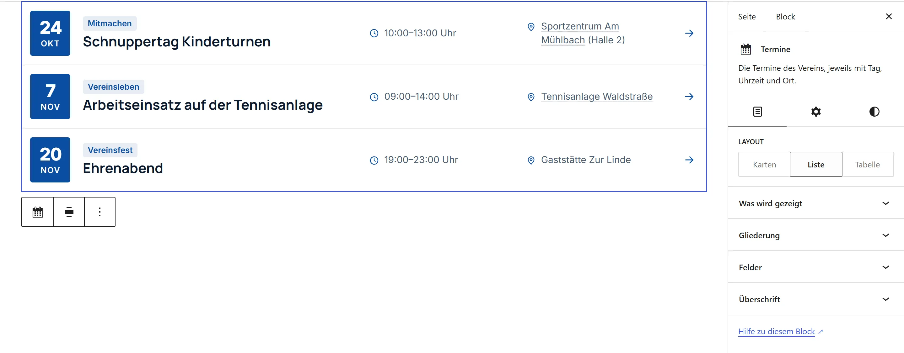 Der Block „Termine“ im Editor: drei Termine als Liste mit Datum, Titel, Uhrzeit und Ort. Rechts daneben die Seitenleiste mit dem Reiter „Block“.