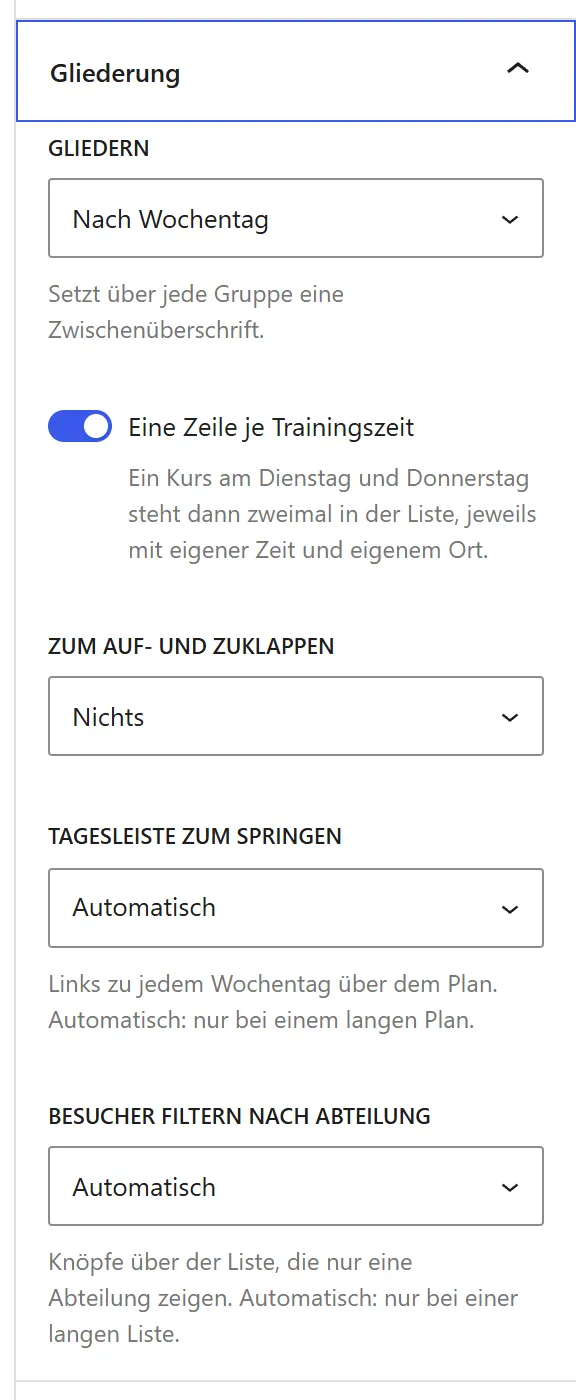 Der Bereich „Gliederung“ für den Block „Kurse“ mit „Gliedern“, dem Schalter „Eine Zeile je Trainingszeit“, „Zum Auf- und Zuklappen“, „Tagesleiste zum Springen“ und „Besucher filtern nach Abteilung“.
