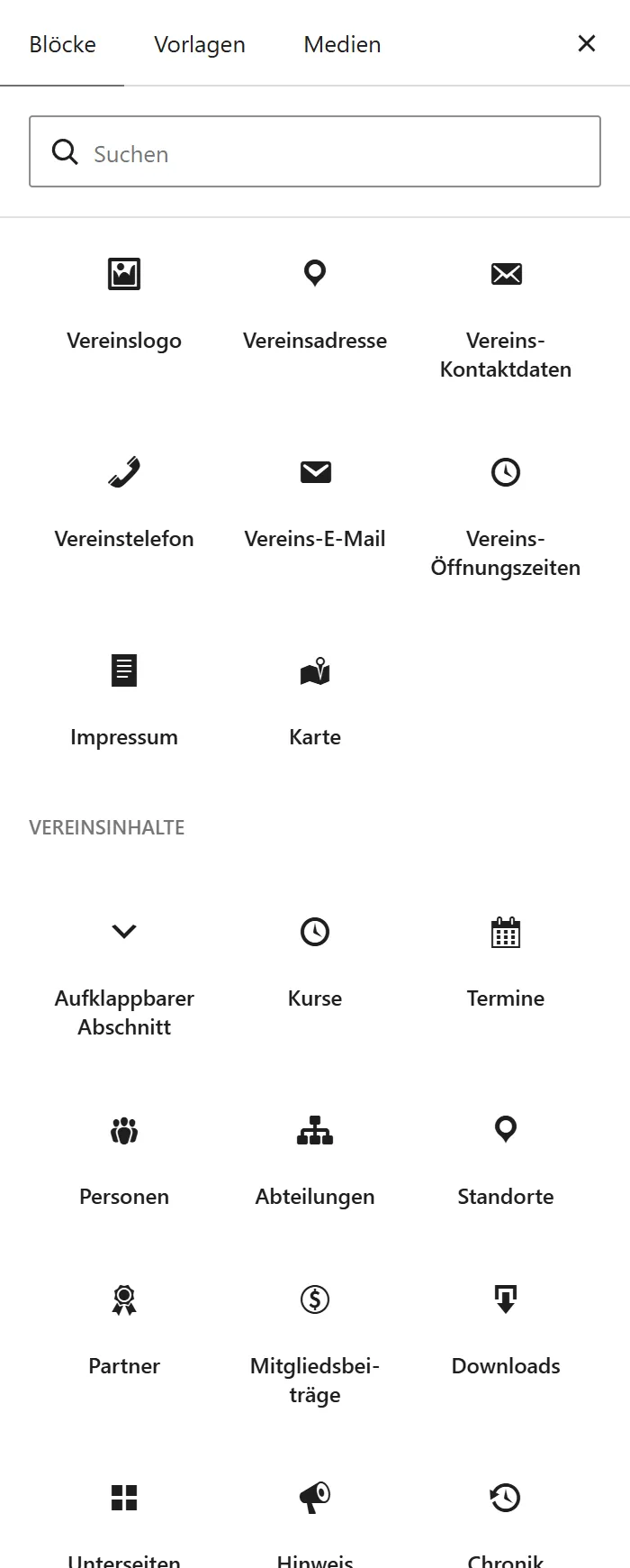 Der Block-Einfüger, nach unten gescrollt. Oben stehen die letzten Blöcke der Gruppe „Vereinsdaten“, darunter beginnt die Gruppe „Vereinsinhalte“ mit „Aufklappbarer Abschnitt“, „Kurse“, „Termine“, „Personen“, „Abteilungen“, „Standorte“, „Partner“, „Mitgliedsbeiträge“, „Downloads“, „Unterseiten“, „Hinweis“ und „Chronik“.