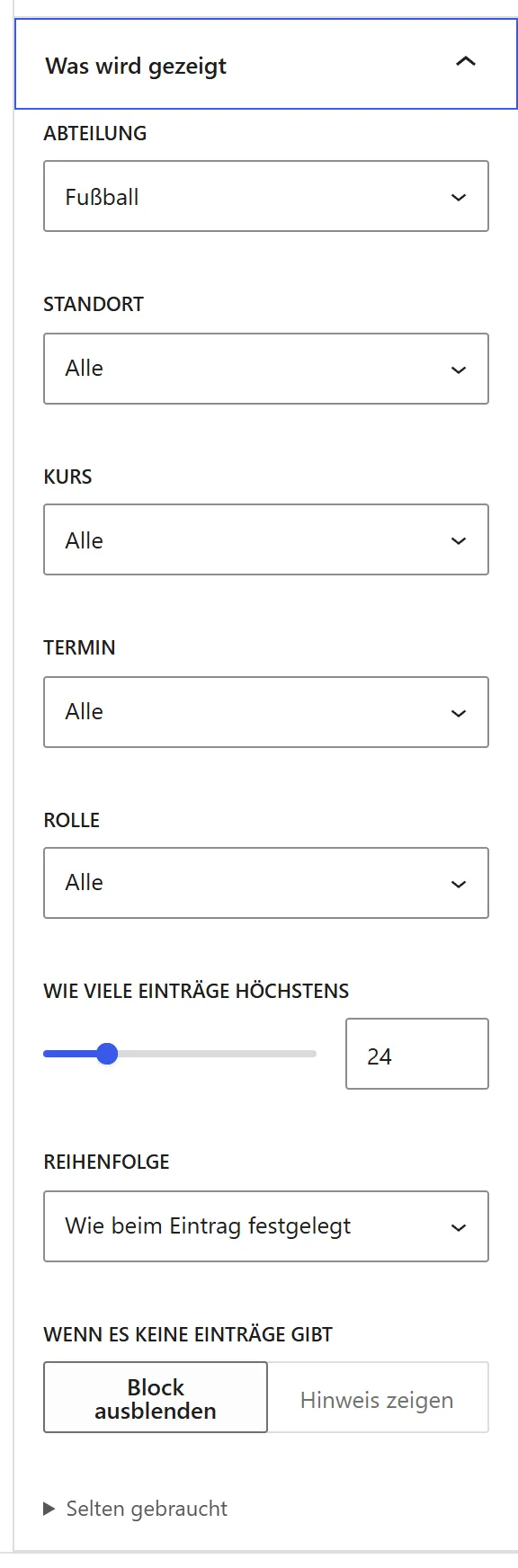 Der Bereich „Was wird gezeigt“ für „Personen“. Bei „Abteilung“ ist „Fußball“ gewählt.