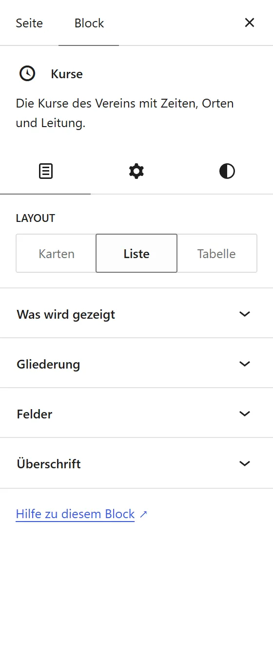 Die Seitenleiste mit dem Reiter „Block“ für den Block „Kurse“. Oben stehen die Knöpfe „Karten“, „Liste“ und „Tabelle“, darunter die vier eingeklappten Bereiche „Was wird gezeigt“, „Gliederung“, „Felder“ und „Überschrift“.